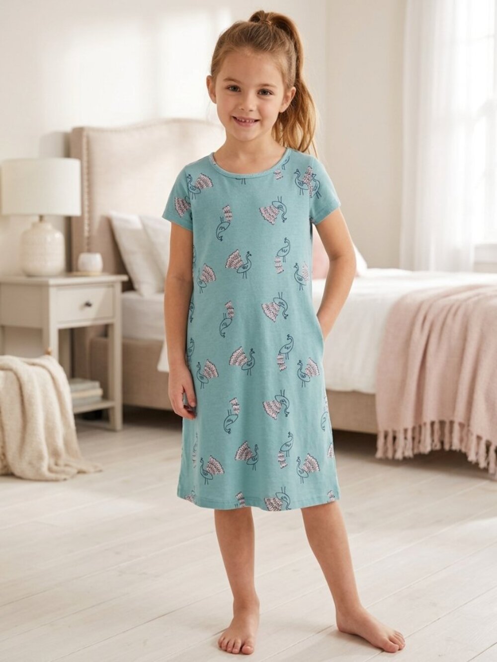 Carter Size 8-10 Girls Light Teal Peacock Print Nightgown